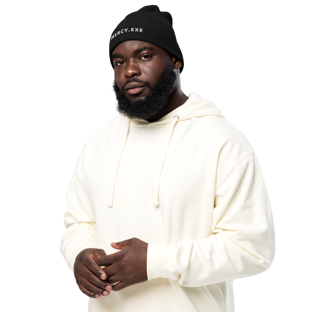 MERCY.EXE BEANIE in Black, worn by a model, shot 2