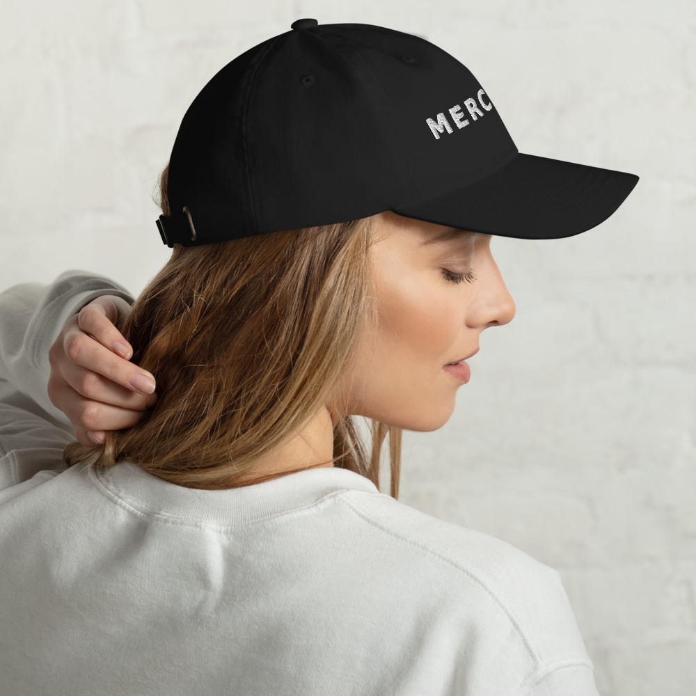 MERCY.EXE DAD HAT in Black, worn by a model, shot 3