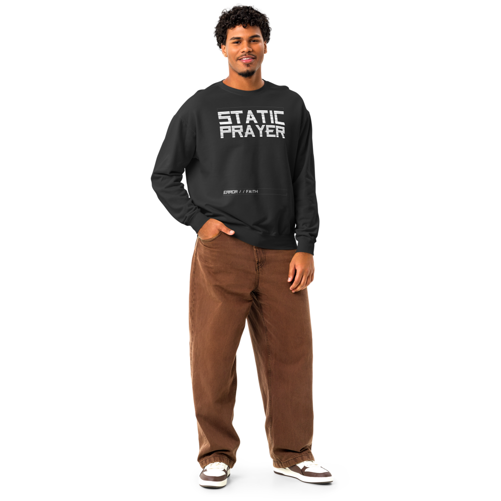 MERCY.EXE STATIC PRAYER CREWNECK in Black, worn by a model, shot 2