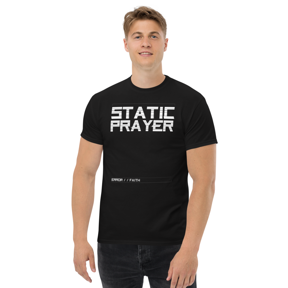 MERCY.EXE STATIC PRAYER TEE in Black, worn by a model, shot 3