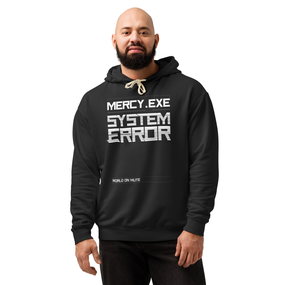 MERCY.EXE SYSTEM ERROR HOODIE in Black, worn by a model, shot 2