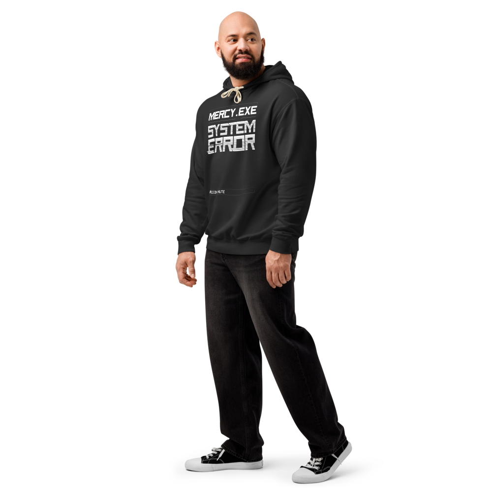 MERCY.EXE SYSTEM ERROR HOODIE in Black, worn by a model, shot 3
