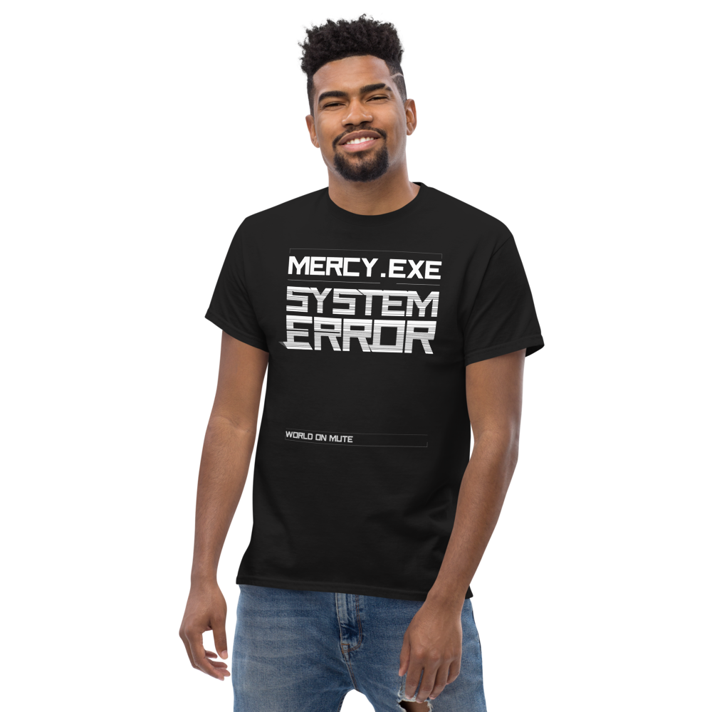 MERCY.EXE SYSTEM ERROR TEE in Black, worn by a model, shot 2