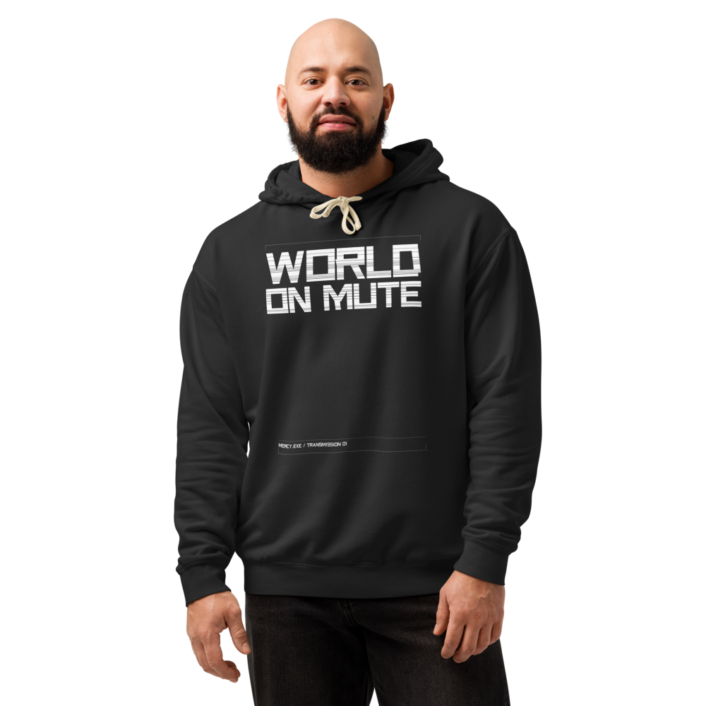 MERCY.EXE WORLD ON MUTE HOODIE in Black, worn by a model, shot 2
