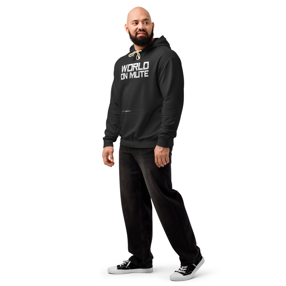 MERCY.EXE WORLD ON MUTE HOODIE in Black, worn by a model, shot 3