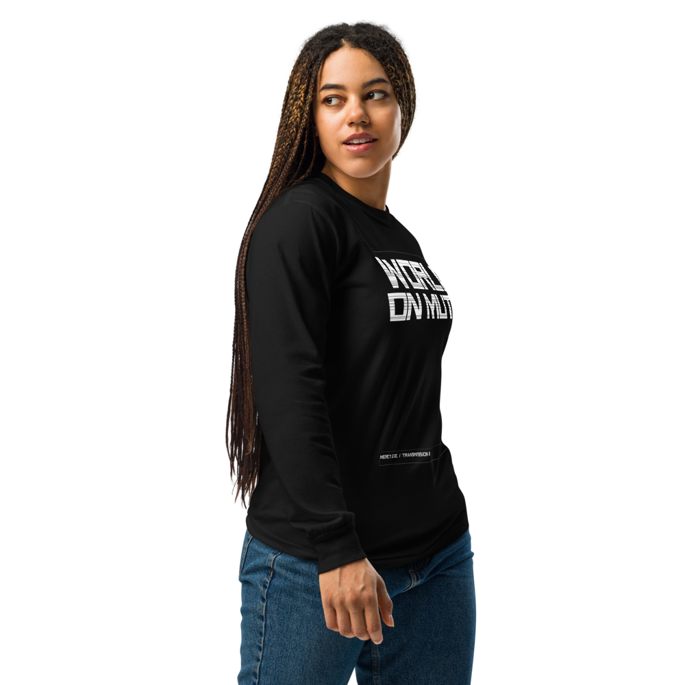 MERCY.EXE WORLD ON MUTE LONG SLEEVE in Black, worn by a model, shot 2