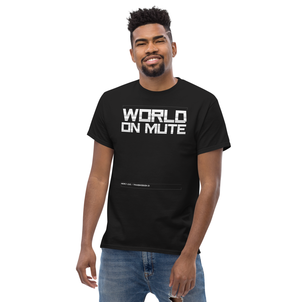 MERCY.EXE WORLD ON MUTE TEE in Black, worn by a model, shot 2