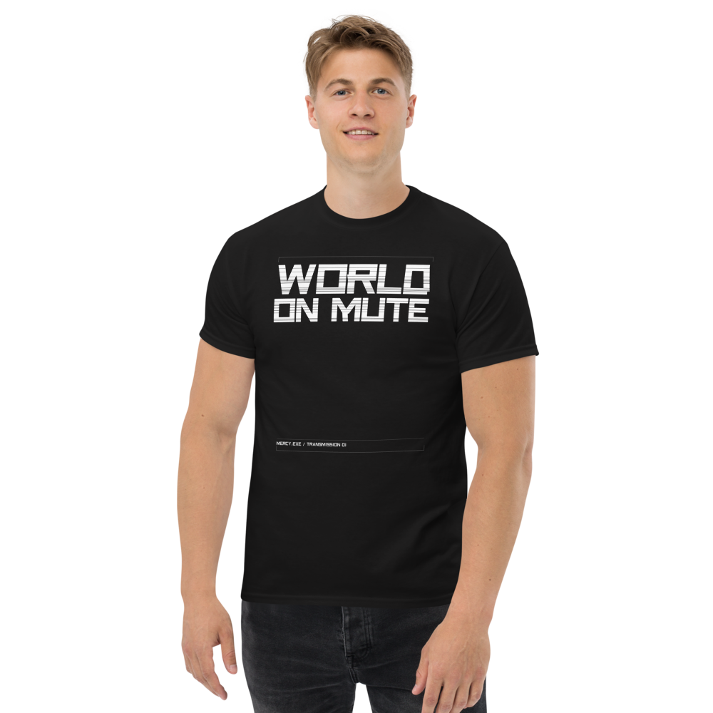 MERCY.EXE WORLD ON MUTE TEE in Black, worn by a model, shot 3